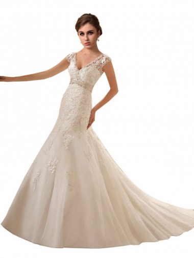 Ivoire Trapèze Col V Tulle Dentelle Robes de mariée à Vendre