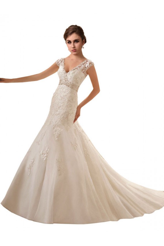 Ivoire Trapèze Col V Tulle Dentelle Robes de mariée à Vendre