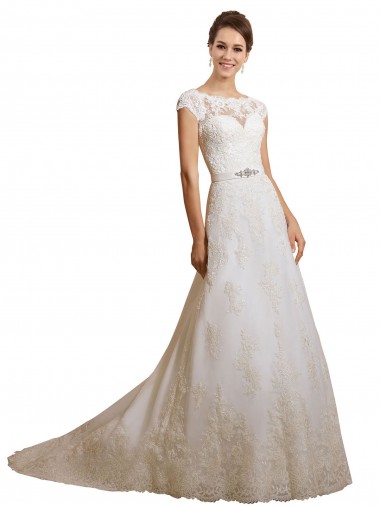 Ivoire Trapèze Illusion Tulle Dentelle Classique Robes de mariée à Vendre