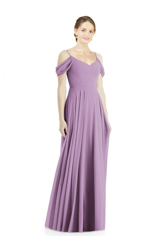 Lavande foncée Trapèze Épaule Dénudée Bretelles spaghetti Mousseline Longue Robes demoiselle d'honneur à Vendre