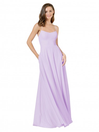 Lilas Trapèze Bretelles spaghetti Col Carré Mousseline Longue Robes demoiselle d'honneur à Vendre