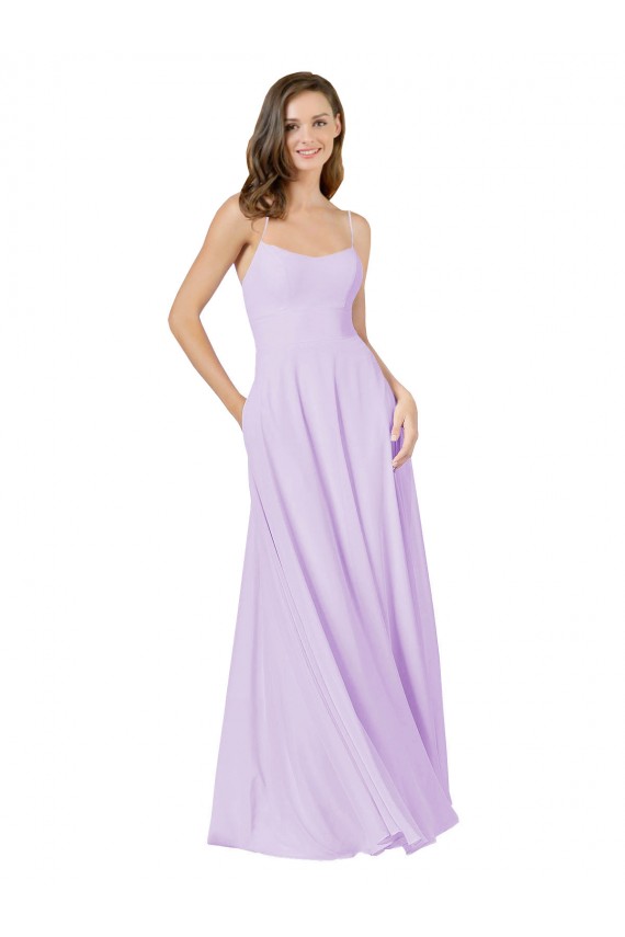 Lilas Trapèze Bretelles spaghetti Col Carré Mousseline Longue Robes demoiselle d'honneur à Vendre
