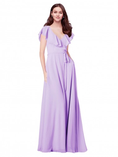 Lilas Trapèze Col V Mousseline Longue Robes demoiselle d'honneur à Vendre