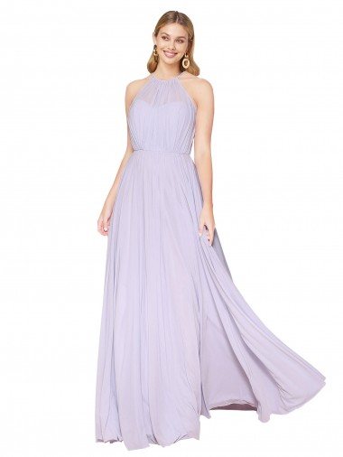 Lilas Trapèze Licou Col Haut Mousseline Longue Formelles Robes demoiselle d'honneur / Robes de soirée / Robes de bal à Vendre