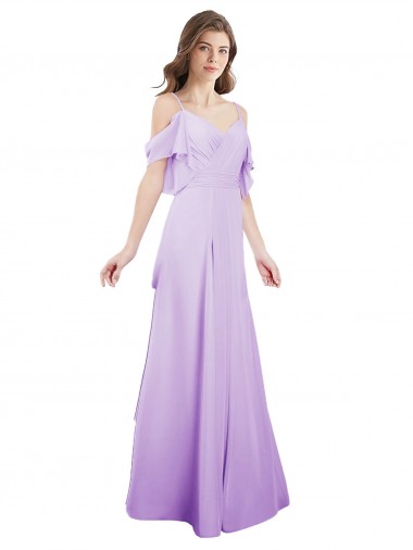 Lilas Trapèze Épaule Dénudée Bretelles spaghetti Mousseline Longue Robes demoiselle d'honneur à Vendre