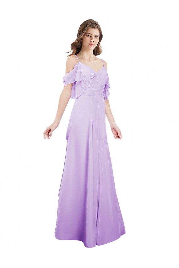 Lilas Trapèze Épaule Dénudée Bretelles spaghetti Mousseline Longue Robes demoiselle d'honneur à Vendre
