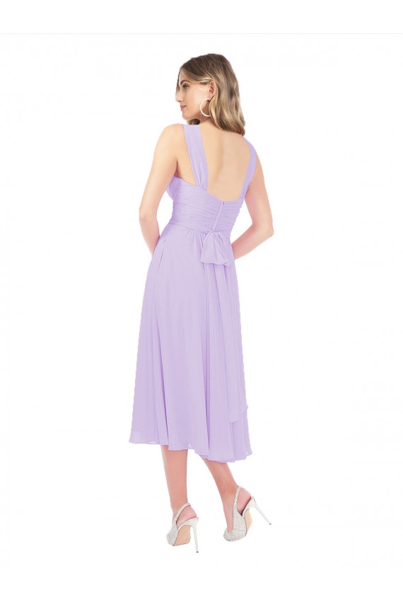 Lilas Trapèze midi Mousseline Courte Asymétrique Robes demoiselle d'honneur / Robes de cocktail à Vendre