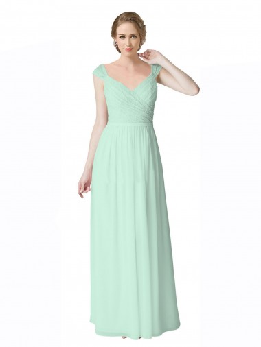 Menthe verte Trapèze Col V Mousseline Dentelle Longue Robes demoiselle d'honneur à Vendre