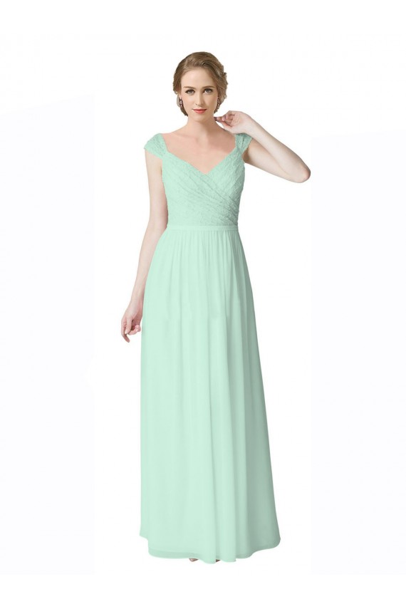 Menthe verte Trapèze Col V Mousseline Dentelle Longue Robes demoiselle d'honneur à Vendre