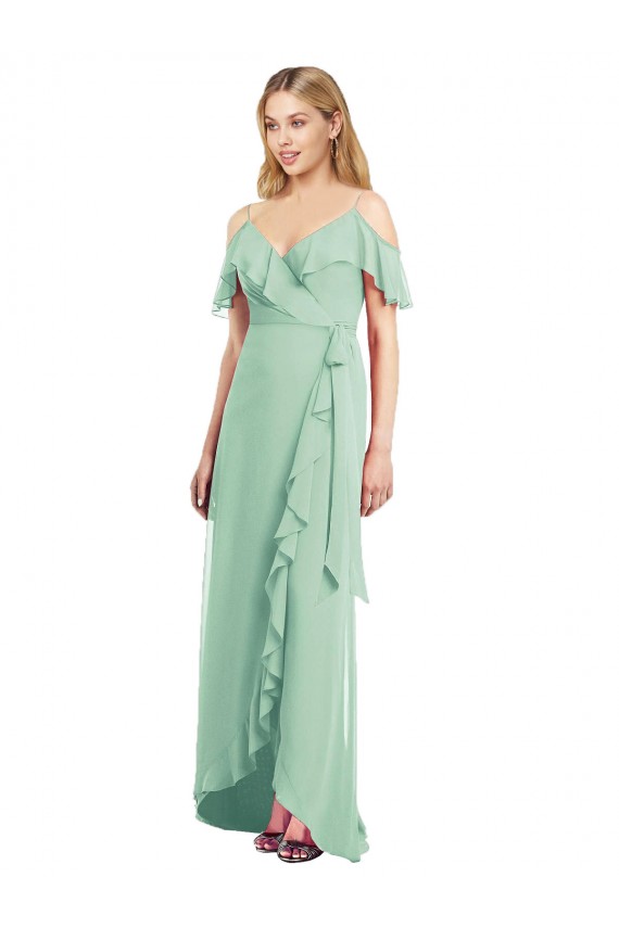Menthe verte Trompette Bretelles spaghetti Col V Mousseline Longue Asymétrique Robes demoiselle d'honneur à Vendre