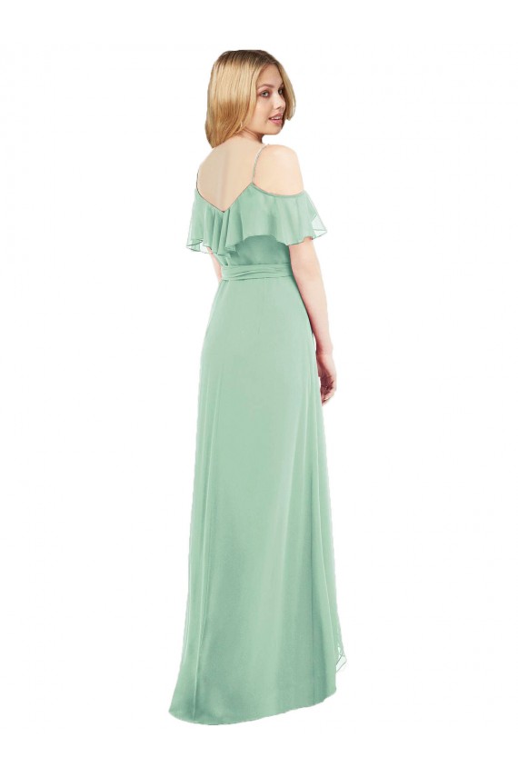Menthe verte Trompette Bretelles spaghetti Col V Mousseline Longue Asymétrique Robes demoiselle d'honneur à Vendre