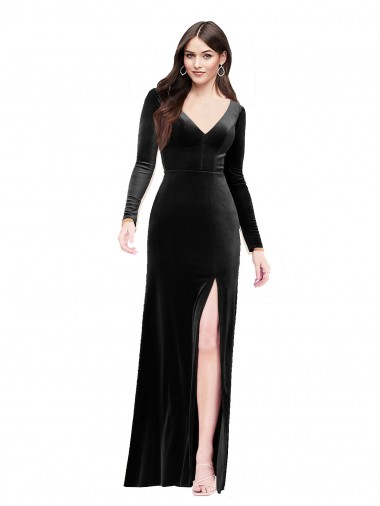 Noir Colonne Col V Velours Stretch Longue Formelles Robes demoiselle d'honneur / Robes de soirée / Robes de bal à Vendre