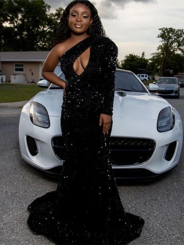 Noir Fourreau Balayage train Paillettes Velours Longue Robes de bal à Vendre