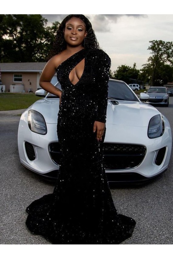 Noir Fourreau Balayage train Paillettes Velours Longue Robes de bal à Vendre