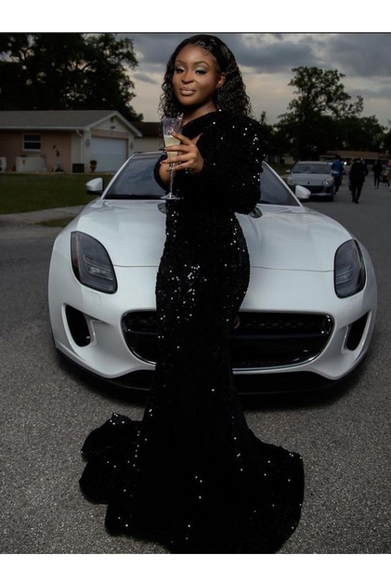 Noir Fourreau Balayage train Paillettes Velours Longue Robes de bal à Vendre