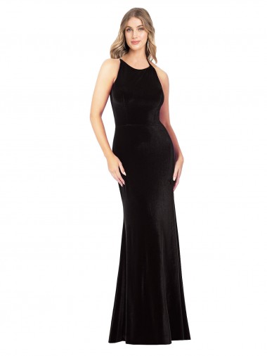Noir Fourreau Bretelles spaghetti Col bijou Velours Stretch Longue Formelles Robes demoiselle d'honneur / Robes de soirée / Robes de bal à Vendre