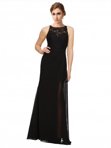 Noir Fourreau Col Haut Mousseline Dentelle Longue Robes demoiselle d'honneur à Vendre
