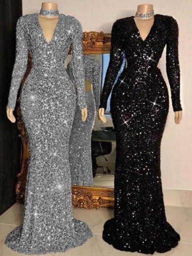 Noir Fourreau Col V Balayage train Paillettes Velours Longue Robes de bal à Vendre