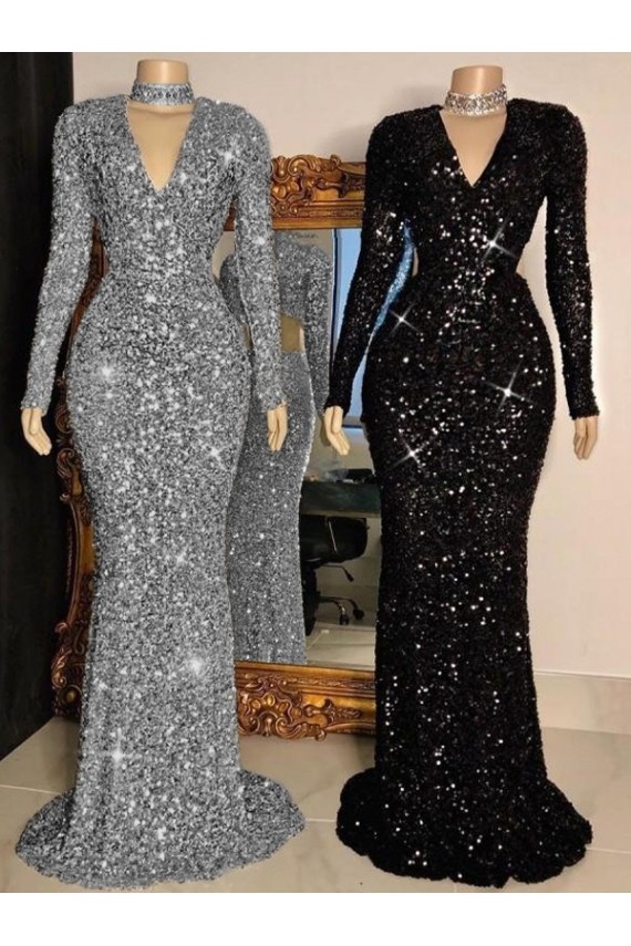 Noir Fourreau Col V Balayage train Paillettes Velours Longue Robes de bal à Vendre