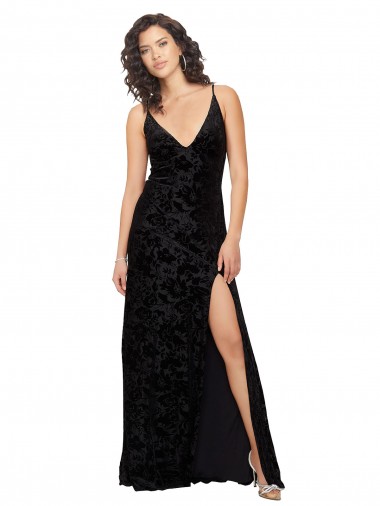 Noir Fourreau Col V Velours Floral Velours Stretch Longue Robes demoiselle d'honneur à Vendre