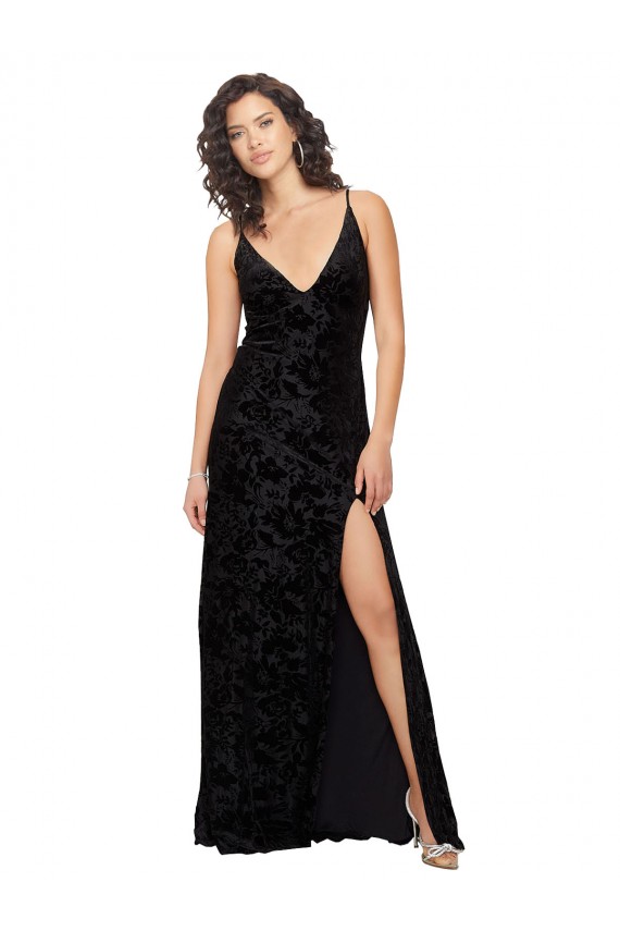Noir Fourreau Col V Velours Floral Velours Stretch Longue Robes demoiselle d'honneur à Vendre