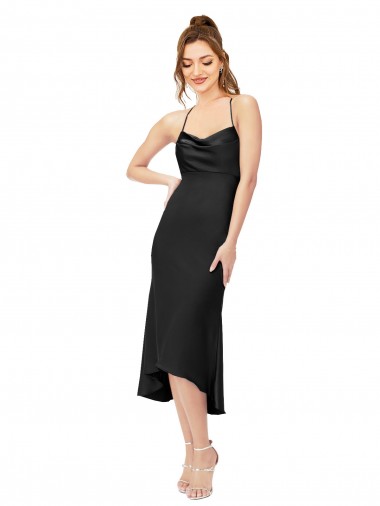 Noir Fourreau midi Satiné Soyeux Courte Asymétrique Robes demoiselle d'honneur / Robes de soirée / Robes de cocktail à Vendre
