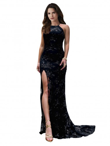 Noir Sirène Col Haut Dentelle Longue Formelles Robes demoiselle d'honneur / Robes de soirée / Robes de bal à Vendre