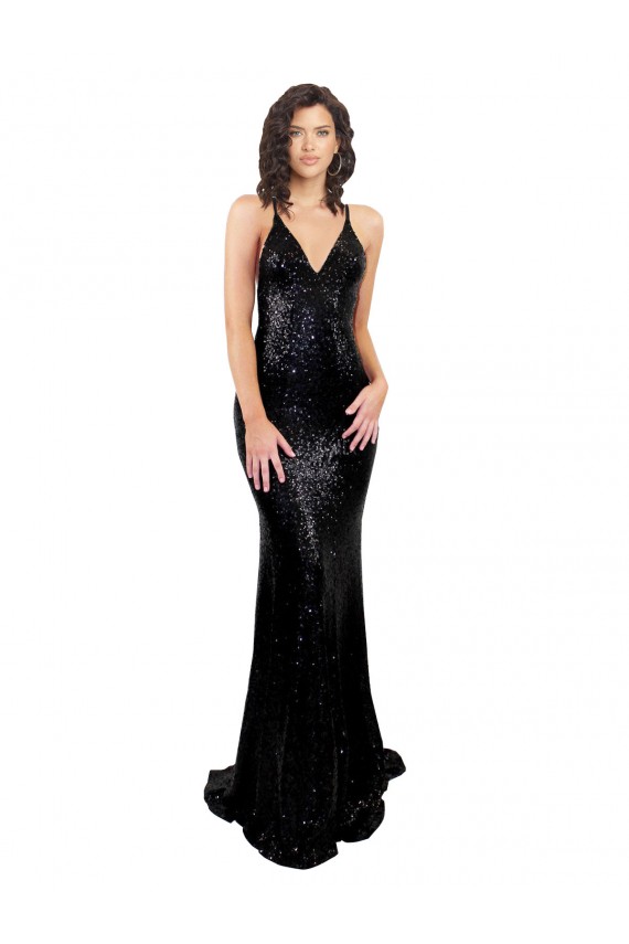 Noir Sirène Col V Paillette Longue Formelles Robes demoiselle d'honneur / Robes de soirée / Robes de bal à Vendre