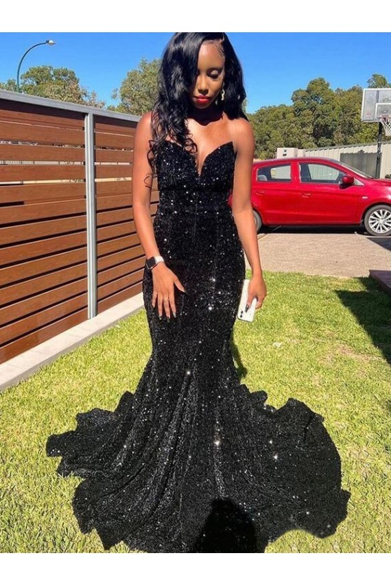 Noir Sirène Paillettes Velours Longue Robes de bal à Vendre