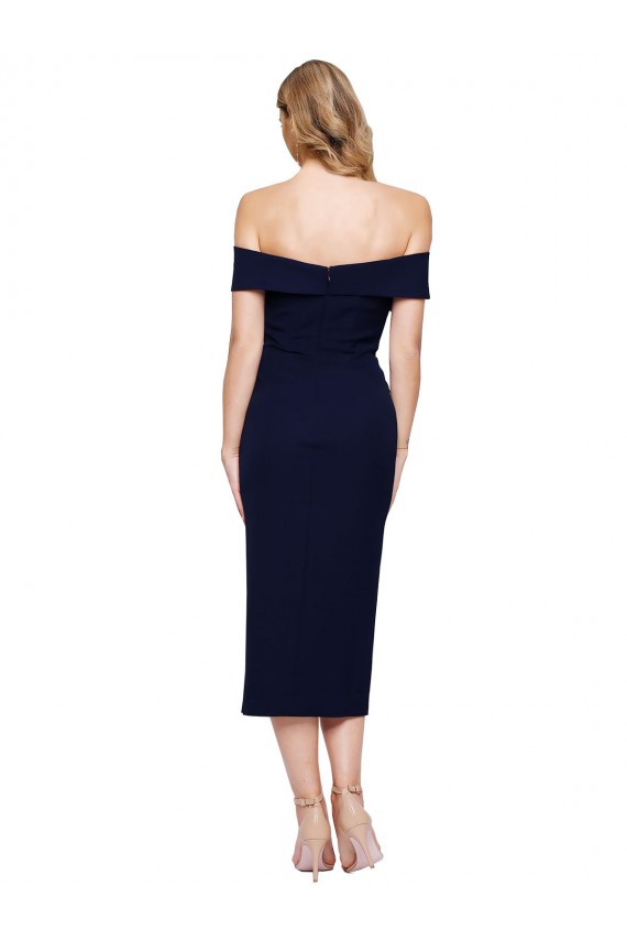 Bleu marine foncé Sirène Épaule Dénudée midi Crêpe Stretch Courte Robes demoiselle d'honneur / Robes de soirée / Robes de cocktail à Vendre