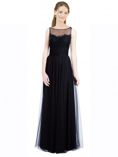 Noir Trapèze Bateau Illusion Tulle Dentelle Longue Robes demoiselle d'honneur à Vendre