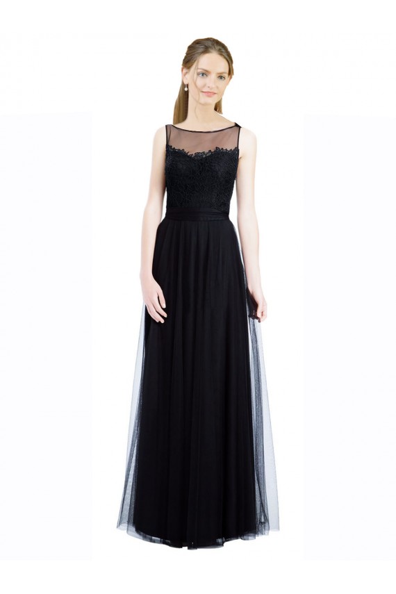 Noir Trapèze Bateau Illusion Tulle Dentelle Longue Robes demoiselle d'honneur à Vendre