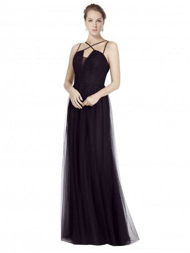 Noir Trapèze Bretelles spaghetti Col Haut Tulle Longue Robes demoiselle d'honneur à Vendre