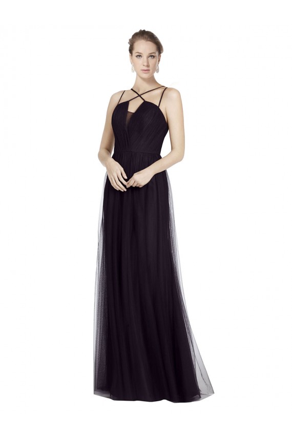 Noir Trapèze Bretelles spaghetti Col Haut Tulle Longue Robes demoiselle d'honneur à Vendre