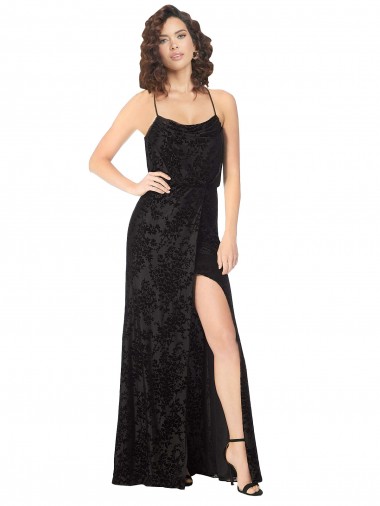 Noir Trapèze Bretelles spaghetti Velours Floral Velours Stretch Longue Robes demoiselle d'honneur à Vendre
