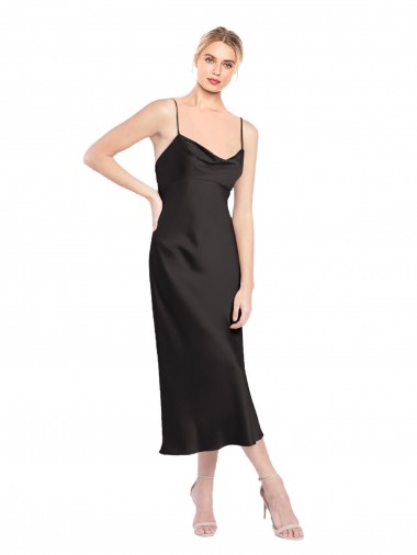 Noir Trapèze Bretelles spaghetti midi Satiné Stretch Courte Robes demoiselle d'honneur / Robes de soirée / Robes de cocktail à Vendre
