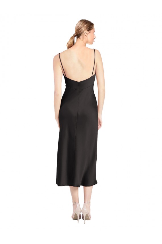 Noir Trapèze Bretelles spaghetti midi Satiné Stretch Courte Robes demoiselle d'honneur / Robes de soirée / Robes de cocktail à Vendre