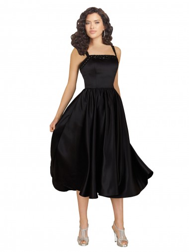 Noir Trapèze Col Carré Satiné Courte Robes demoiselle d'honneur / Robes de bal / Robes de cocktail à Vendre