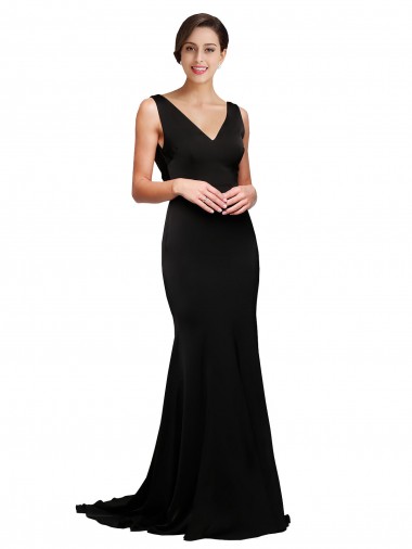 Noir Trapèze Col V Balayage train Satiné Soyeux Longue Formelles Robes demoiselle d'honneur / Robes de soirée / Robes de bal à Vendre