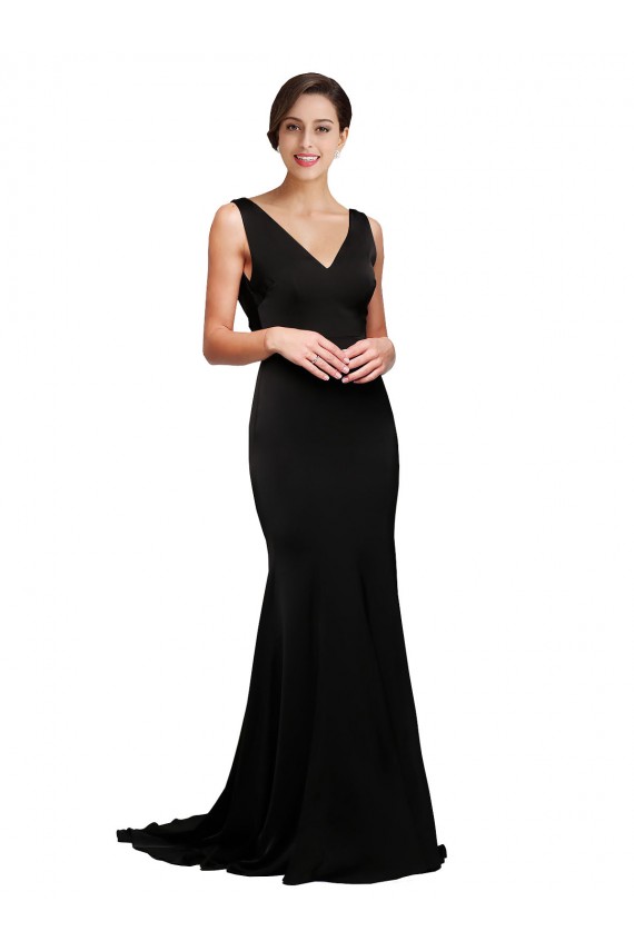 Noir Trapèze Col V Balayage train Satiné Soyeux Longue Formelles Robes demoiselle d'honneur / Robes de soirée / Robes de bal à Vendre