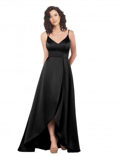 Noir Trapèze Col V Satiné Soyeux Longue Asymétrique Formelles Robes demoiselle d'honneur / Robes de soirée / Robes de bal à Vendre