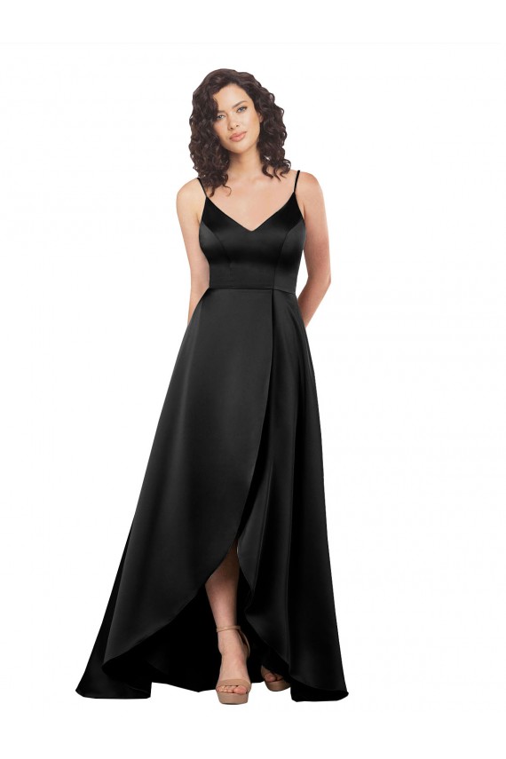 Noir Trapèze Col V Satiné Soyeux Longue Asymétrique Formelles Robes demoiselle d'honneur / Robes de soirée / Robes de bal à Vendre