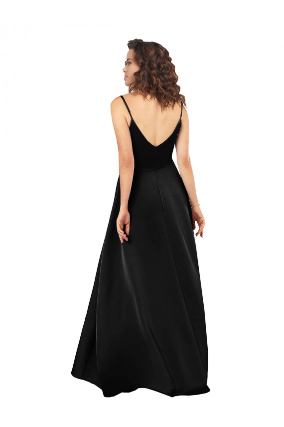 Noir Trapèze Col V Satiné Soyeux Longue Asymétrique Formelles Robes demoiselle d'honneur / Robes de soirée / Robes de bal à Vendre