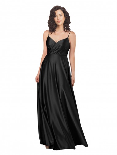 Noir Trapèze Col V Satiné Soyeux Longue Formelles Robes demoiselle d'honneur / Robes de soirée / Robes de bal à Vendre