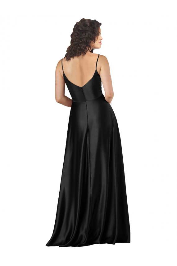 Noir Trapèze Col V Satiné Soyeux Longue Formelles Robes demoiselle d'honneur / Robes de soirée / Robes de bal à Vendre