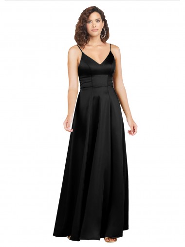Noir Trapèze Col V Satiné Soyeux Longue Formelles Robes demoiselle d'honneur / Robes de soirée / Robes de bal à Vendre