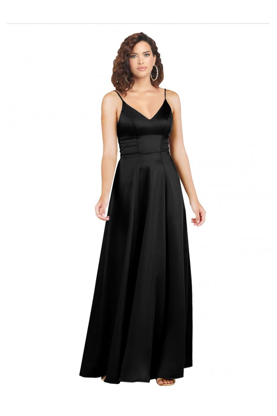 Noir Trapèze Col V Satiné Soyeux Longue Formelles Robes demoiselle d'honneur / Robes de soirée / Robes de bal à Vendre