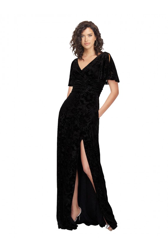 Noir Trapèze Col V Velours Floral Velours Stretch Longue Robes demoiselle d'honneur à Vendre