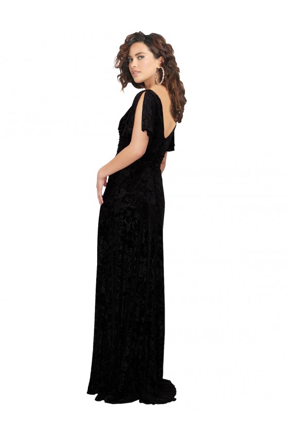 Noir Trapèze Col V Velours Floral Velours Stretch Longue Robes demoiselle d'honneur à Vendre
