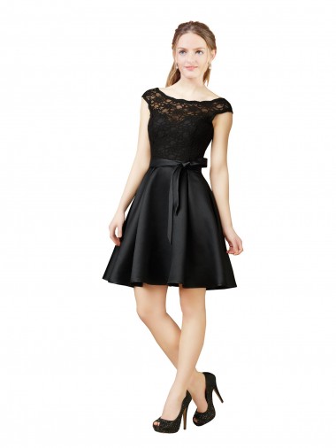 Noir Trapèze Illusion Satiné Dentelle Courte Robes demoiselle d'honneur / Robes de cocktail à Vendre